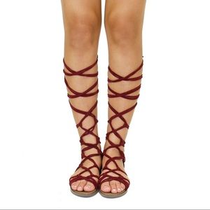 Wine Colored Tie Up Gladiator Sandals